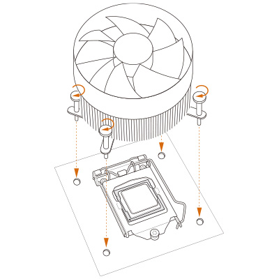 Push down the pins diagonally to secure the CPU heatsink.
For the detail installation, you may refer to “Resetting Boxed Intel® Processor Fan Heatsink Push pins”